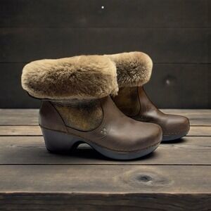 Dansko Stormy Brown Leather Ankle Boots Booties Size 39 Shearling Lined Faux Fur